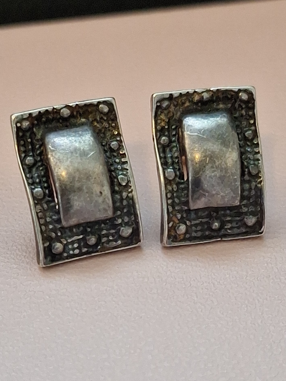 Vintage Silver Rectangular Textured Stud Earrings - Silver